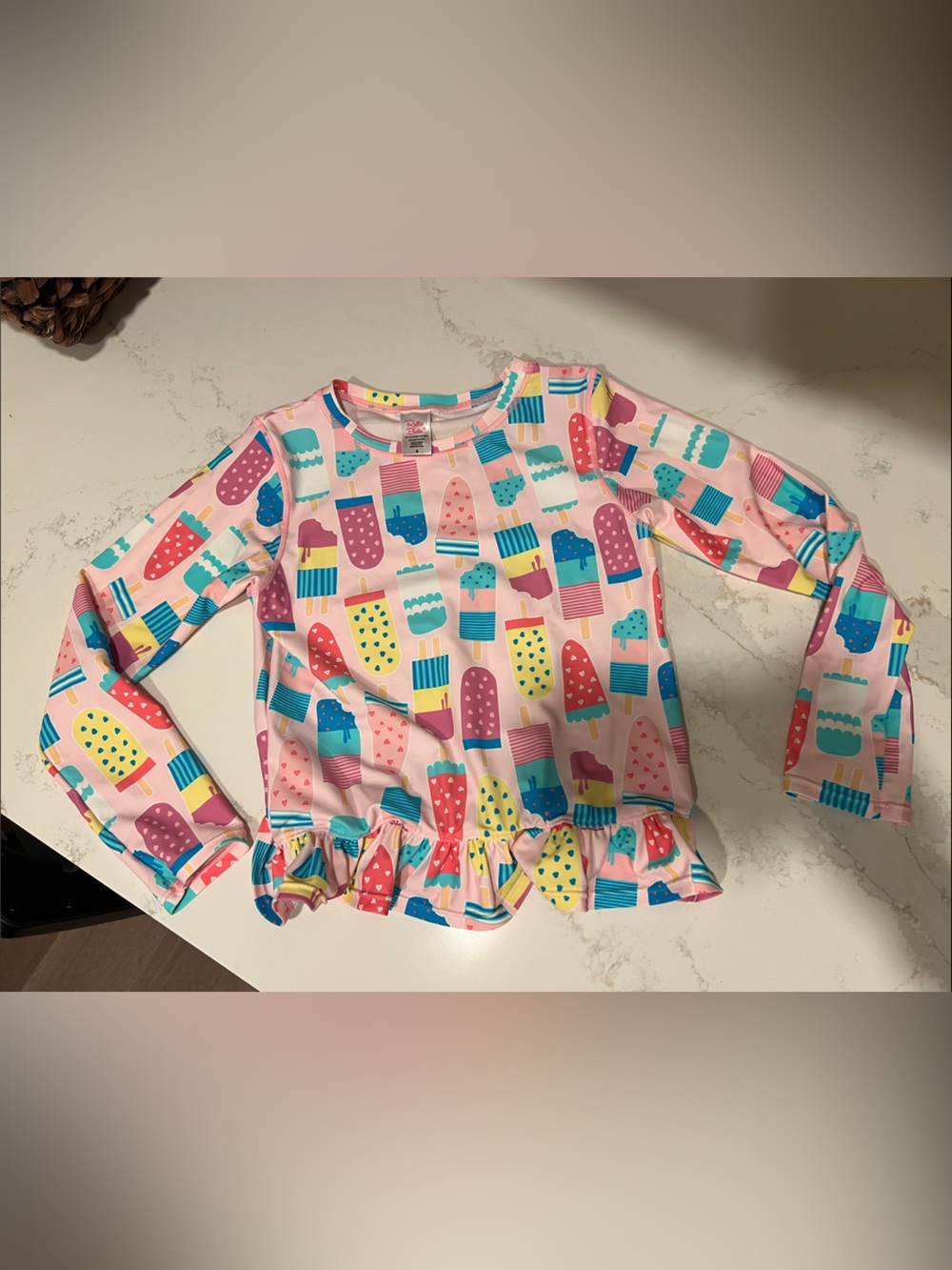 Ruffle Butts Girls Pink Popsicle/Ice Cream Print swim rash guard, size 8